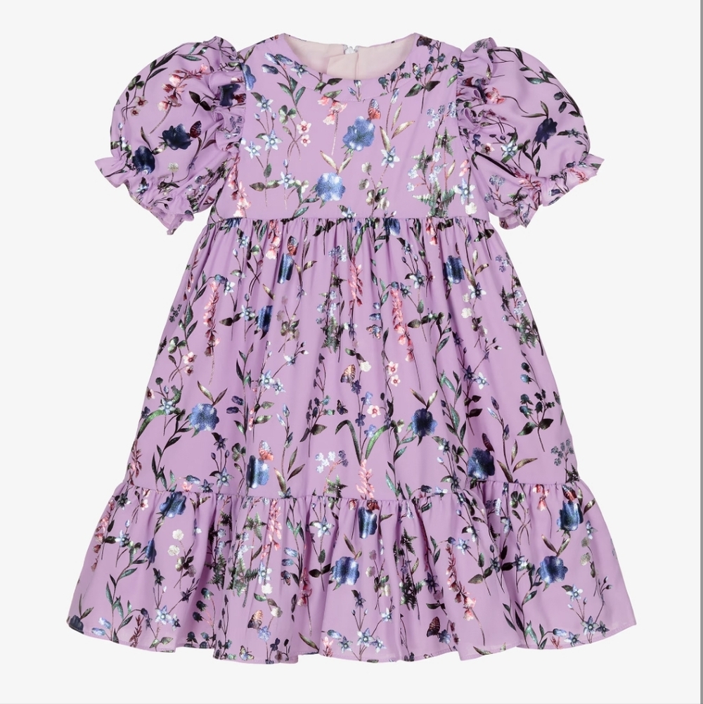 Childrensalon Lavender Floral Chiffon Gown with Puff Sleeves Size 7 - Picture 3 of 14